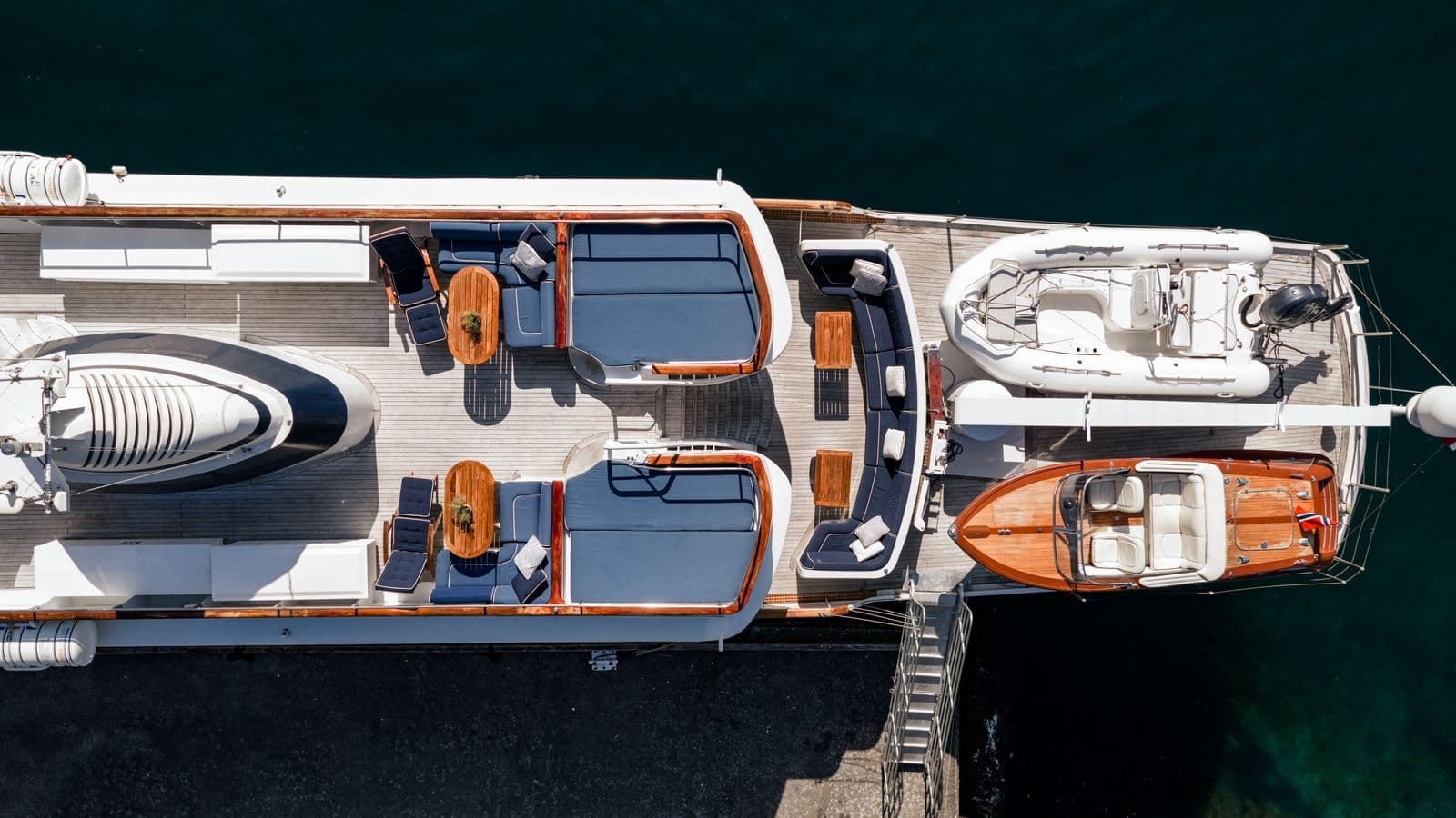 Overhead view of Chantal’s aft decks and tenders